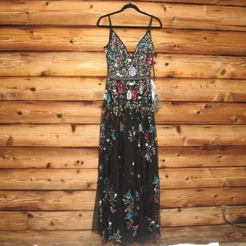 Mac Duggal NWT Embellished Floral Sequin Gown Dress Black Multi 5400