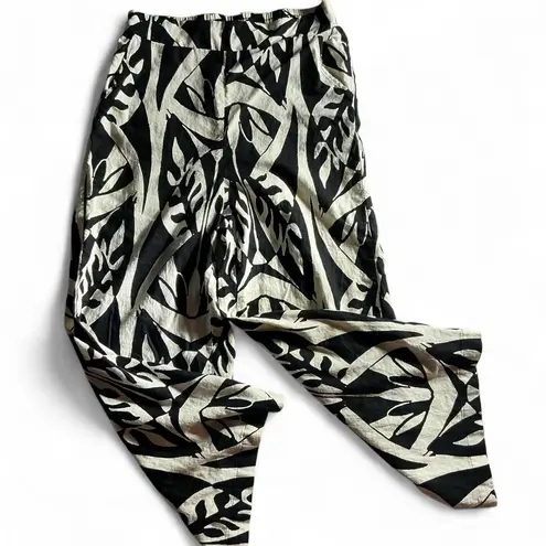 Black White Leaf Print Linen Blend Wide Leg Cropped Pants Elastic Waist