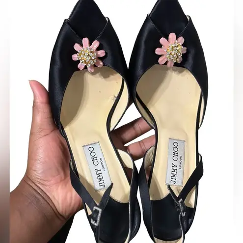 Jimmy Choo Crystal Embellished Open Toe sling Back Satin Shoes BLK EU40 …