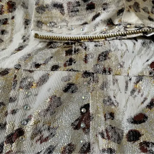 BEREK jacket blazer animal print beads faux suede drawstring collar zip up L Silver Size L