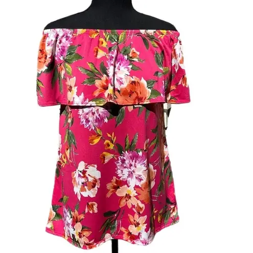 White Birch Tropical Oasis‎ Off The Shoulder Floral Top- Fuchsia