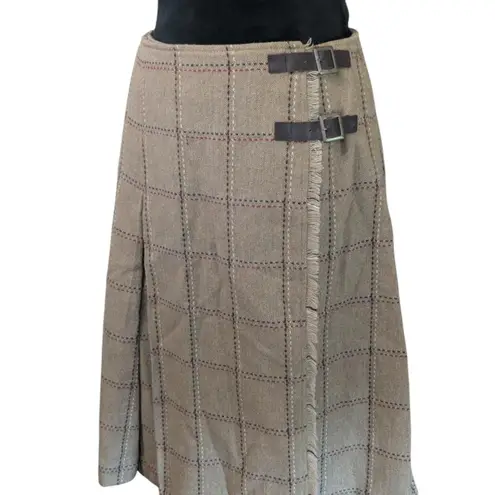 Vintage i.n.e. Tweed Plaid Kilt Skirt Wrap Buckle Made in Hong Kong Dark Brown