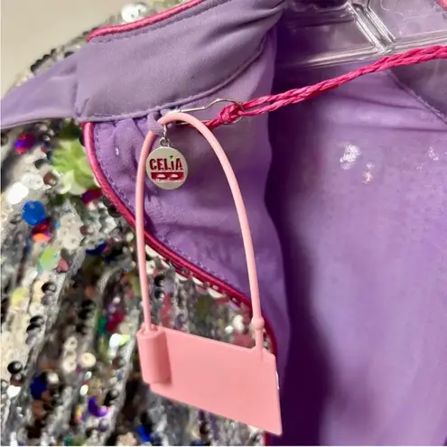 CeliaB Wonderer Silver Sequins Floral Statement Puff Sleeves Mini Dress NEW XXS