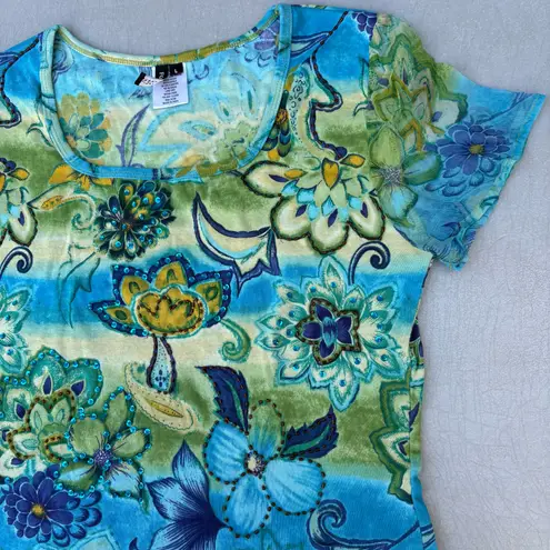 Vintage Y2K Forbidden Floral Fairy Whimsical Blue Green Mesh Short Sleeve Top Size L