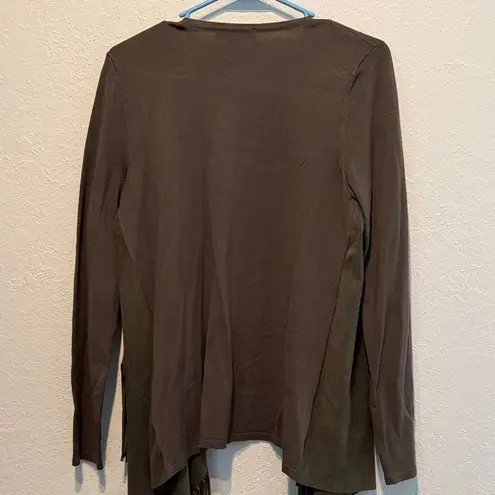 INC International Concepts Olive Fringe Cardigan Faux Suede Boho Size L Earthy Green Size L