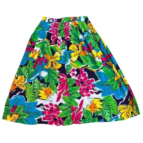 Vintage Retro tropical colourful midi skirt elastic waist & pockets size medium Green