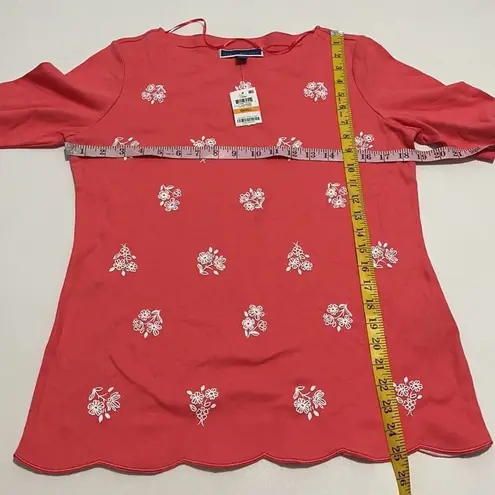Karen Scott Women's Floral Scalloped Hem Top Coral Small Scoop Neck Tee Pink