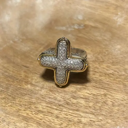 Konstantino 925 Sterling Silver & 18K Gold Diamond Pave Cross Ring RARE