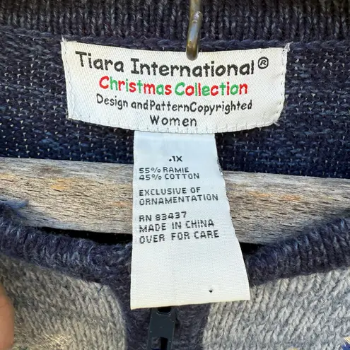 Y2K Tiara International Ugly Christmas Cardigan Winter Scene Snowman House 1X Blue