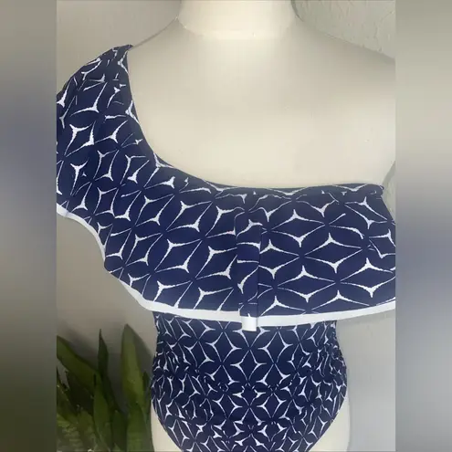 NWT Gottex Profile One Shoulder Swimsuit Size 6 Navy White Ruffle Bathin… Blue