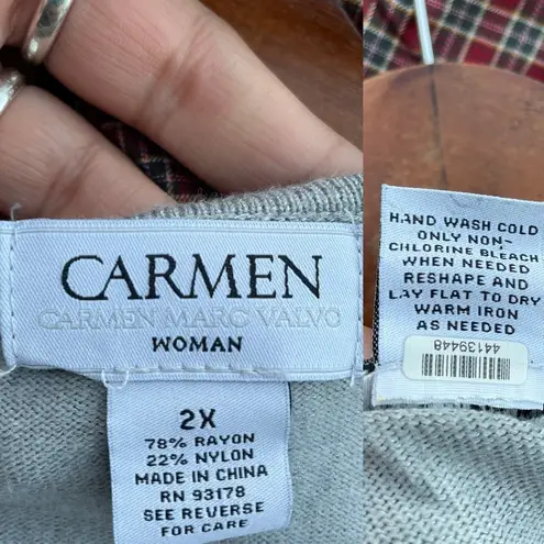 Carmen Marc Valvo Sweater Gray Grey White Ruffle Plus Size 2X