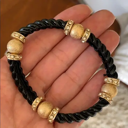 Stretchy Grey & Black Twist Bracelets with Gold Tone & Faux Diamond Accents (2)