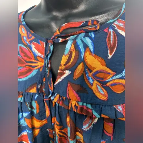 Oddi Blue and Orange Cuffed Sleeve Blouse with Bib Collar