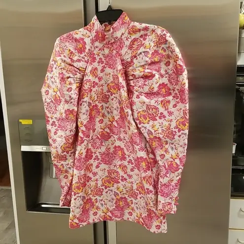 💕ROTATE💕 Number 1 Floral Puff Sleeve Mini Dress ~ Raspberry Rose Combo White Size XS