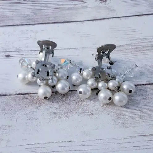 Vintage Clip On Earrings Faux Pearl & Clear Bead Cluster Dangle