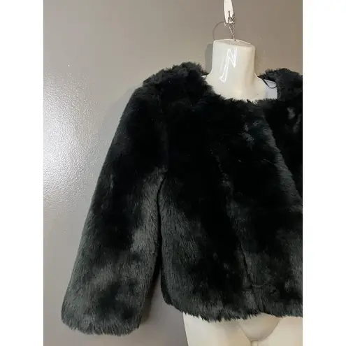 LC Lauren Conrad Jacket Womens Medium Black Faux Fur Cropped Hook Eye Coat