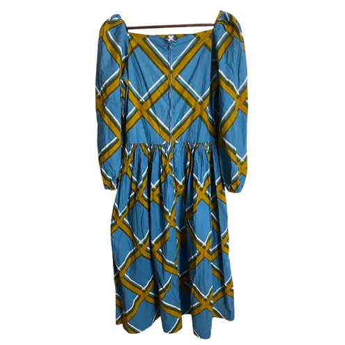 Vintage 1972 Marimekko Grid Pattern Cotton Maxi Dress Blue Yellow Womans 40/12