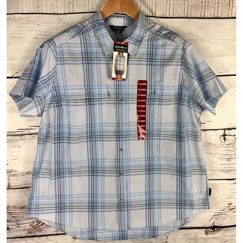 Eddie Bauer  Shirt Women's Button Down‎ Short Sleeve Adventure UPF50 Blue XL