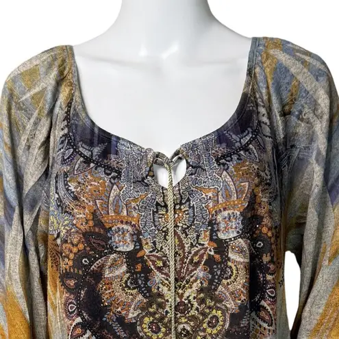 World Unity Shirt Womens Large Blue Yellow Sublimation Tee Colorful Art Bohemian