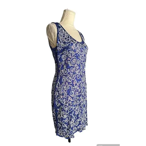 Vintage 90s Lacy Blue Embellished Sequin Paisley Print Dress Party Cocktail SzM Size M