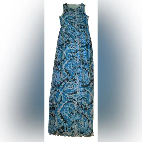 NWOT Something New Serena Print Sleeveless Mesh Maxi Dress Malibu Blue XS