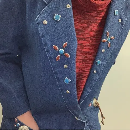 VINTAGE 80s Western Crackle Stone Embellished Denim Blazer Jacket Size 10 Blue