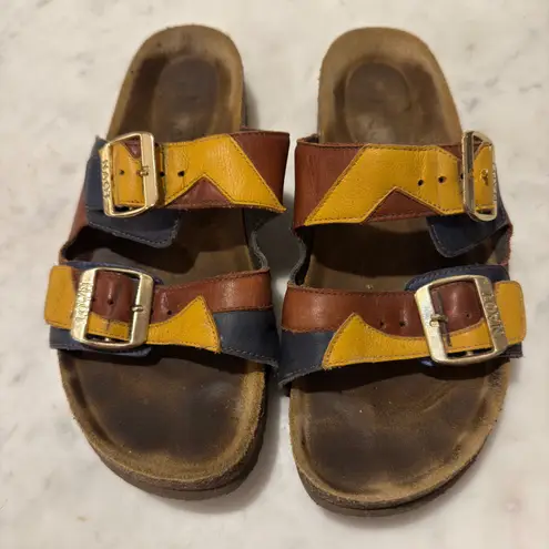 NAOT Women's Leather Sandals Multicolor Buckle Cork Footbed Slide Size 39 Brown