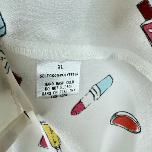 The Moon NEW Collection Makeup Print Tie Neck Blouse Top White Lightweight XL