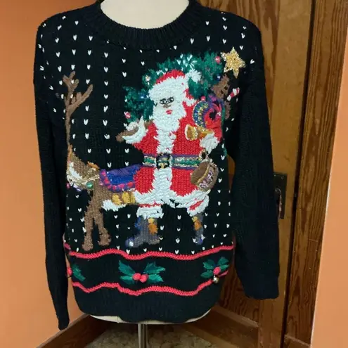 Vintage 90s Hand Embroidered Santa Claus Holiday Sweater Black Size M