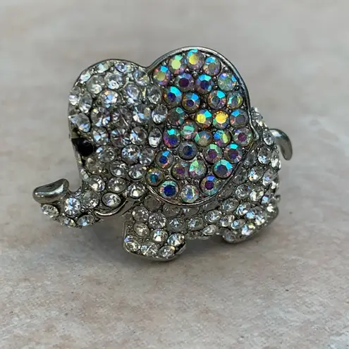 Silver Tone Crystal Lucky Trunk Up Elephant Ring