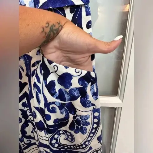 Ralph Lauren Lauren  Paisley Floral Blue & White Sleeveless Shift Dress Size 14