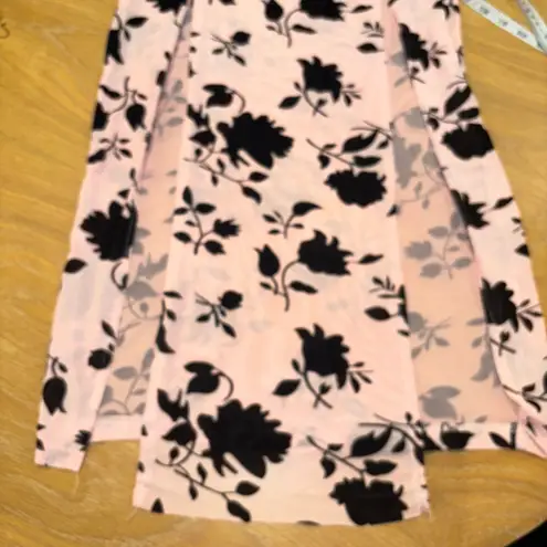 CBR SHEER DRESS MED. PINK W BLACK FLORAL MIDI THIGH HIGH SLITS HIGHCOLLAR NECK