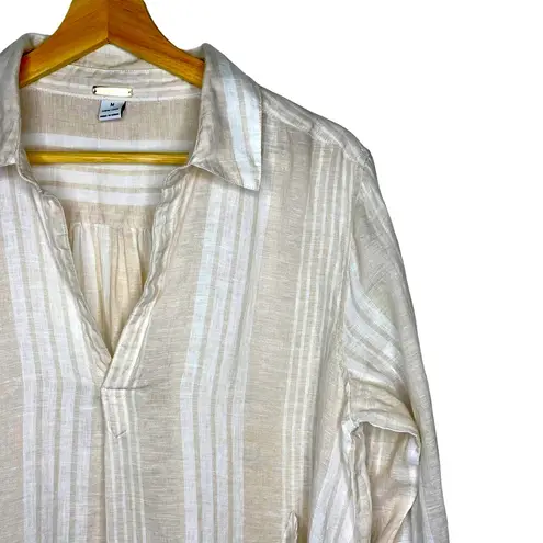 Magaschoni Linen Lagenlook White and Tan Stripe Oversized Tunic with Pockets M