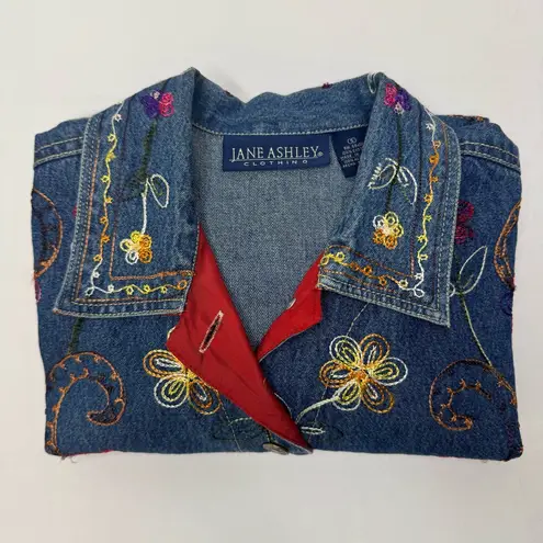 Jane Ashley Denim Jacket Floral Embroidered Blue Women Size S Vintage Jean Coat