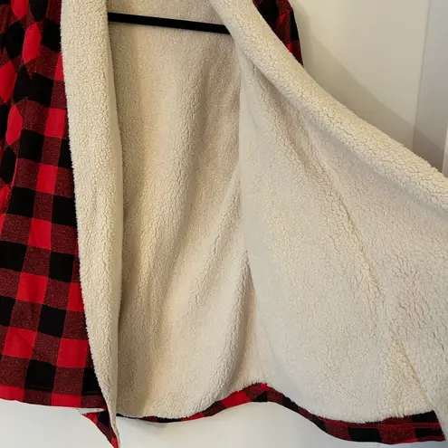 Eddie Bauer Women's Red and Black Checkered Fleece Open Front Cardigan XS NWOT