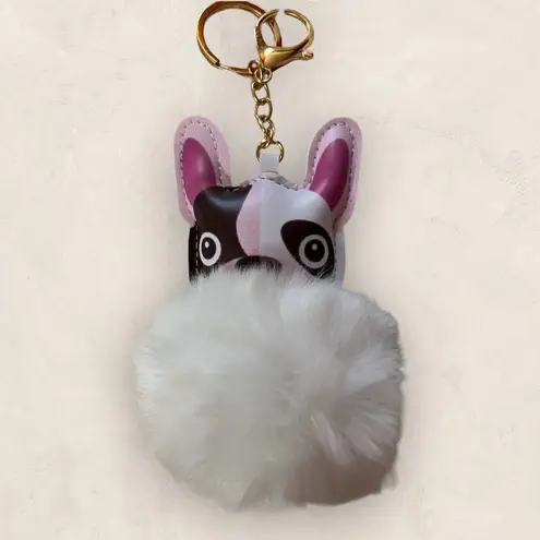 Frenchie Faux Leather Pompom Key Ring Purse Charm White