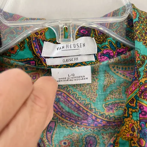 Van Heusen Sz L Button Front Blouse Top Funky Green Paisley Pockets Shirt