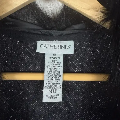 Catherines Vintage Y2K Sparkle Faux Fur Collar Cardigan Black 1X