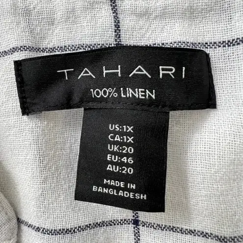 Tahari 100% Linen White Windowpane Plaid Button Up Shirt Top Women's 1X Casual