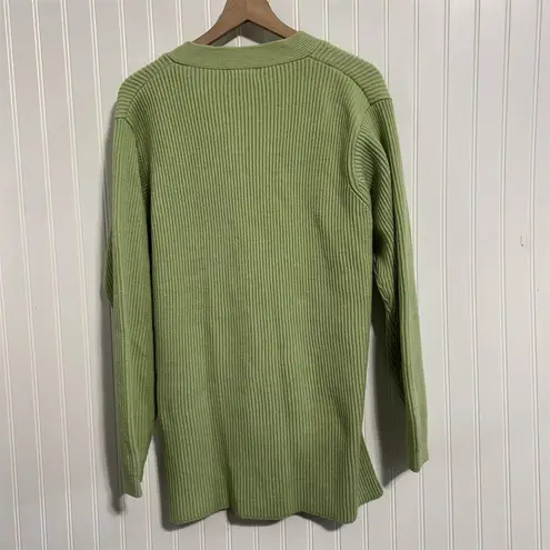 Yarnworks M Cardigan Sweater Rib Knit Lime Green V-Neck Pockets 100% Acrylic