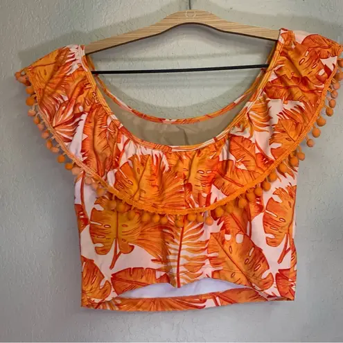 Kortni Jeane Flounce Top Ruffle Orange Palm Print Swim Top Size Small