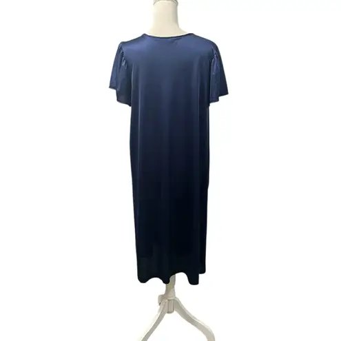 Vanity Fair VTG Blue Embroidered Button Up Satin Nightgown House Dress L U.S.A.
