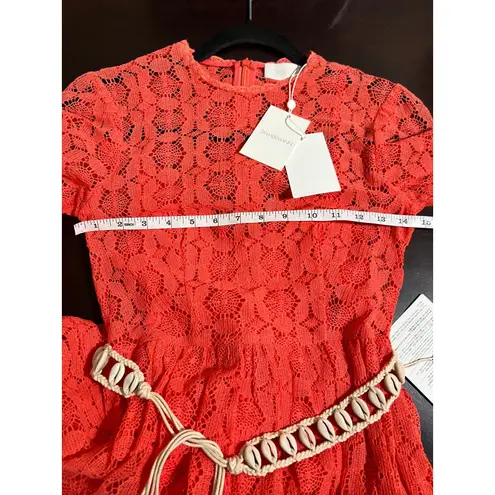 Zimmermann NWT Allia High Neck Lace Dress Coral Pink Crochet Shell Belted Maxi 0