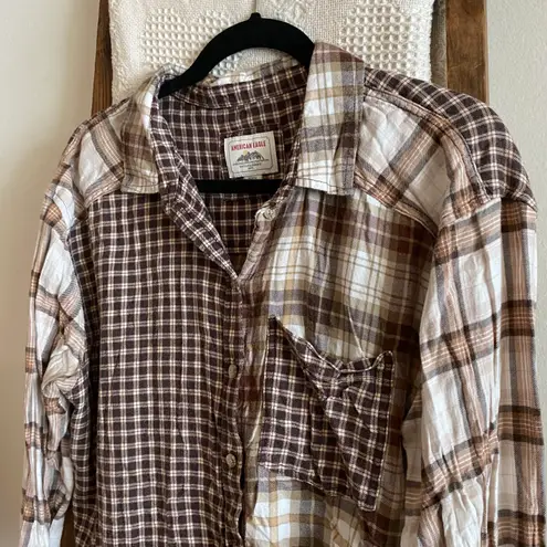 American Eagle brown & cream plaid patchwork button down shirt