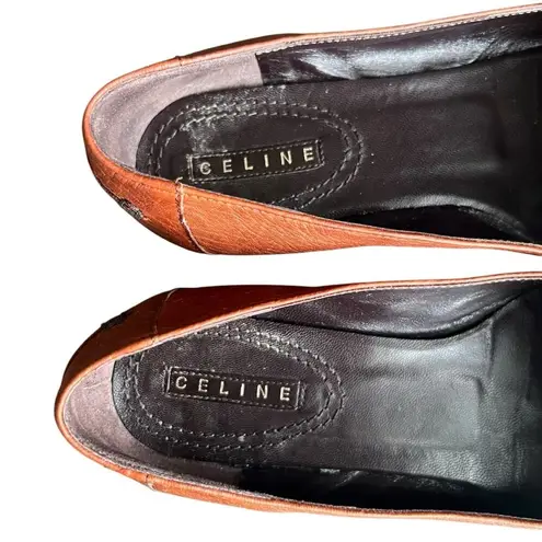CELINE Women’s Vintage Wooden Triomphe Cognac Brown Orange Leather Ballet Flat