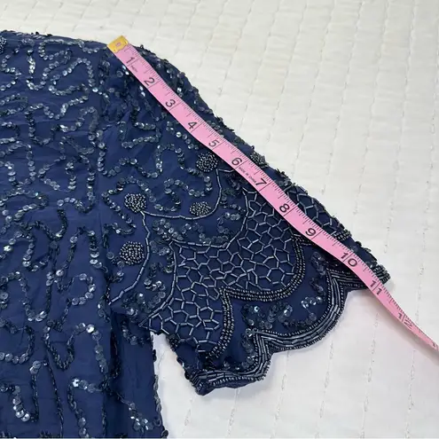 JKARA Navy 100% Silk Chiffon Beaded Sequins Scallop Sleeve And Layered Gown Blue