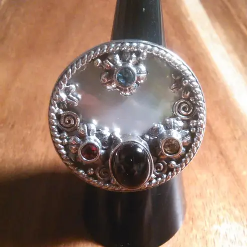 Shungite Multi Gemstone Mother of Pearl Sterling Silver Cocktail Ring (Size 7)