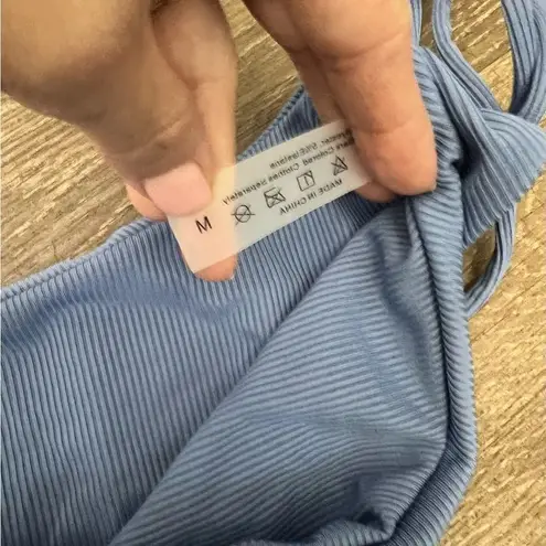 Women's Two piece Swimsuit Bathing Suit Side Ties Ribbed Bandeau Bikini Set Blue Size M