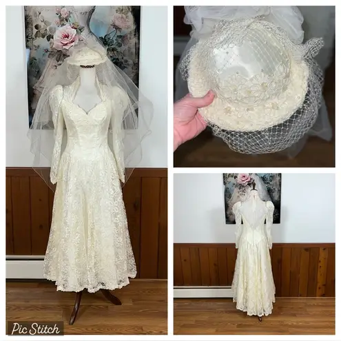 Elegant Vintage 1980s Ivory Lace Tea Length Wedding Gown & Hat Veil! Size 8
