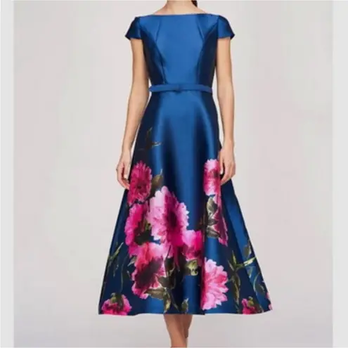 Kay Unger NEW Ina Peony Floral Belted Blue Pink Midi Dress, Size 6 MSRP $318 - Image 4
